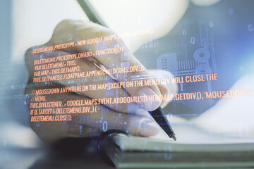 Poster - Double exposure of abstract creative programming illustration and man hand writing in notepad on background, big data and blockchain concept