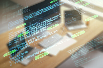 Poster - Multi exposure of abstract graphic coding sketch and modern desktop with pc on background, big data and networking concept