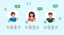 Audio Chat Conversation In Clubhouse App Concept. New Podcast Vector Illustration. Voice Message In Social Network. Room With Speaker. People Speakers Social Media Drop In Group To Music Or Podcast.