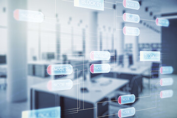 Poster - Abstract virtual coding illustration on a modern furnished classroom background, software development concept. Multiexposure