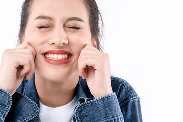 portrait of cheerful smile asian female woman wear casual cloth smile laugh gesture hand with happiness and joyful expression white background