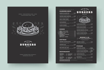 Wall Mural - Burger restaurant menu layout design brochure or food flyer template vector illustration