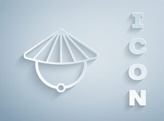 Paper cut Asian or Chinese conical straw hat icon isolated on grey background. Paper art style. Vector