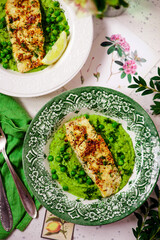 Canvas Print - Sauteed cod with pea cream..style rustic