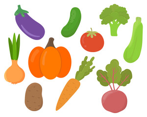 Wall Mural - Set cartoon vegetables vector illustration isolated on white background. Beetroot, potato, cucumber, tomato, eggplant, zucchini,  carrot,  broccoli, pumpkin, onion. Flat cartoon vector illustration.