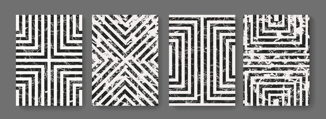 Poster - Abstract striped geometric vintage posters set. Collection of Mid-Century Modern Arts. Minimal polygonal pattern. Trendy retro textured placard.