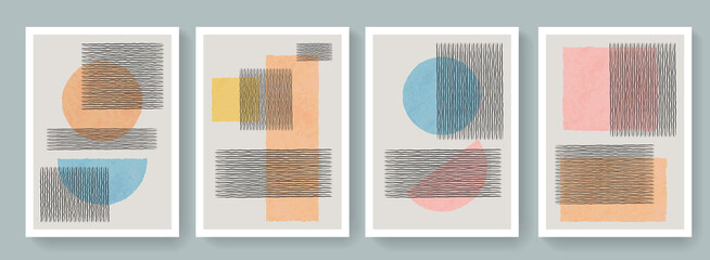 Poster - Trendy set of geometrical minimalist mid century modern posters. Abstract boho style backgrounds. Cute colorful contemporary art minimal placards.