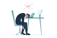 Male Manager Professional Burnout Syndrome. Exhausted Sick Tired Businessman Sitting With Head Down On Laptop. Sad Boring Man. Frustrated Worker Mental Health Problems. Overload Work Illustration