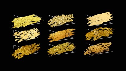 Poster - Golden brush strokes set with geometric frames. Set of hand drawn luxury bright golden gradient brush. Vector illustration
