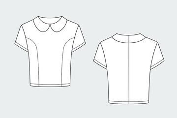 Wall Mural - Female polo shirt vector template isolated on a grey background. Front and back view. Outline fashion technical sketch of clothes model.