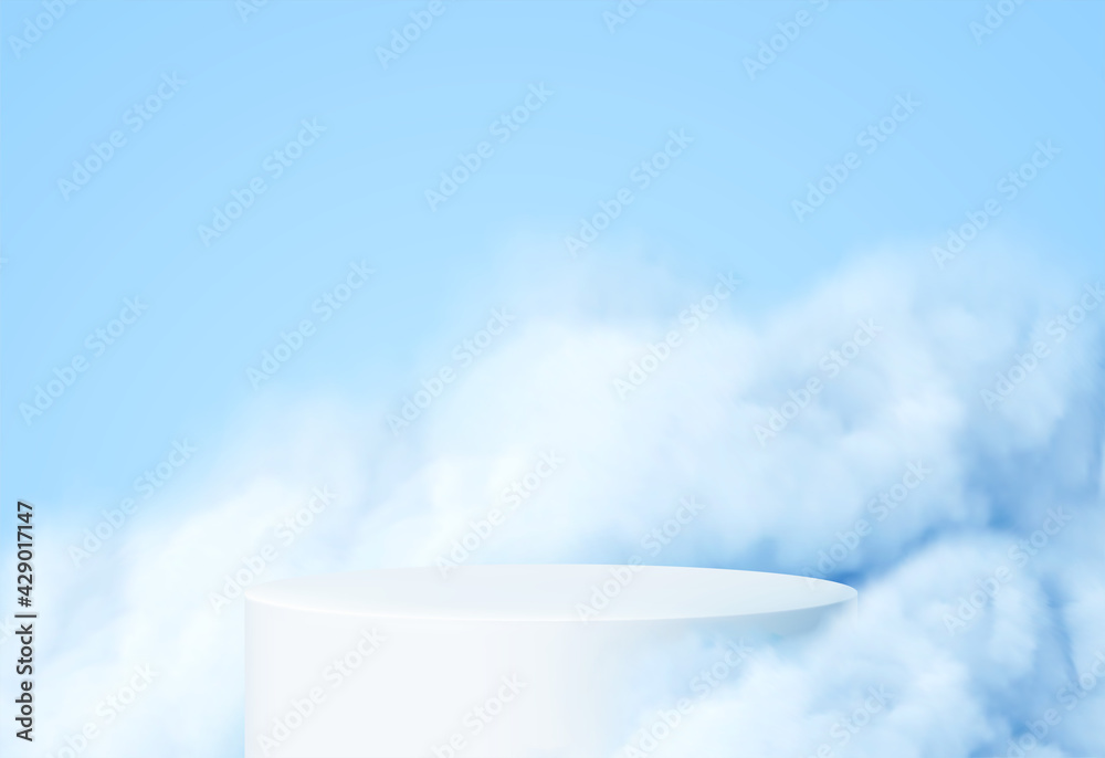Blue background with a product podium surrounded by blue clouds. Smoke, fog, steam background. Vector illustration - obrazy, fototapety, plakaty 
