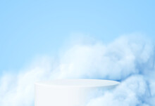 Blue Background With A Product Podium Surrounded By Blue Clouds. Smoke, Fog, Steam Background. Vector Illustration