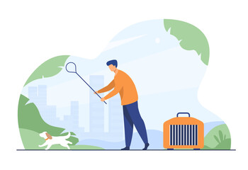 Wall Mural - Man trying to catch stray dog. Cage, collector, pet flat vector illustration. Trapping and animal control concept for banner, website design or landing web page