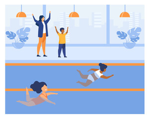 Two little girls participating in swimming contest. Swimsuit, pool, water flat vector illustration. Sport activity and competition concept for banner, website design or landing web page