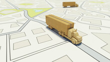 Big Cardboard Box Package On A Wooden Toy Truck Ready To Be Delivered On A Road Map