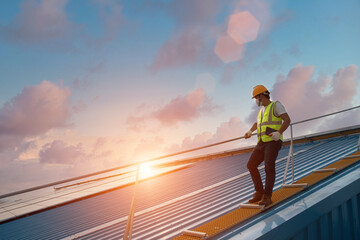 Construction safety inspection engineer installs new corrugated roof