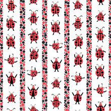 Cute Dancing Ladybirds Stripe Seamless Vector Pattern Background. Kawaii Ladybugs In Childlike Drawing Style With Vertical Dot Bubble Fill Stripes. Garden Bug Design In Red Black. Repeat For Children