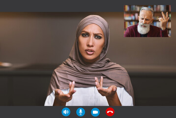 Muslim Woman In Hijab Emotionally Disputing With Senior Man Via Video Call