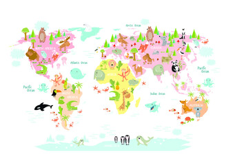 map of the world with cartoon animals for kids. europe, asia, south america, north america, australi
