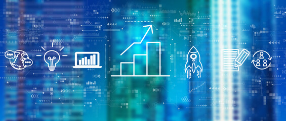 Business growth analysis with downtown skyline