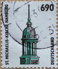 Wall Mural - GERMANY - CIRCA 1996 : a postage stamp from Germany, showing sights in Germany. St. Michaelis Church, Hamburg