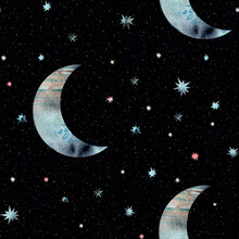Seamless Watercolor Creative Pattern With Crescent Moon And Colorful Stars On A Dark Background With Colorful Particles. For A Versatile Decor.