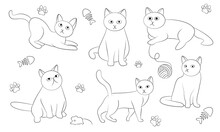 Cats Set Vector Illustration. Clew, Mouse, Foot. For Fabric Wrapping Paper. Funny, Cartoon Seals.