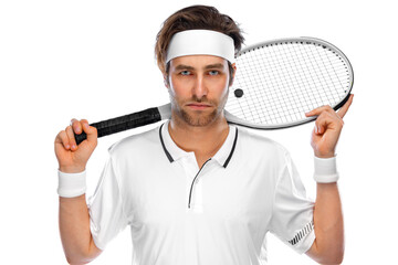 Wall Mural - Tennis player with racket in white costume. Man athlete playing isolated on light background.