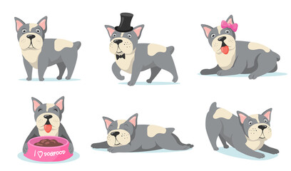 Wall Mural - Cute little French bulldog flat pictures for web design. Cartoon funny puppy standing, sleeping, eating, lying isolated vector illustrations. Domestic animals and pets concept
