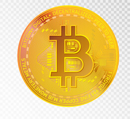 Gold bitcoin coin. Bitcoin symbol in cryptocurrency isolated on transparent background. Realistic vector illustration.