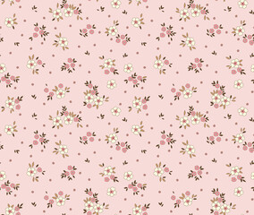 Cute seamless vector floral pattern. Endless print made of small white flowers. Summer and spring motifs. Light pink  background. Stock vector illustration.