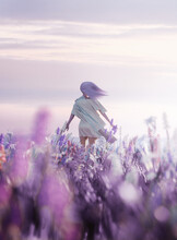 A Women Connecting With Nature And Walking Through A Meadow Full Of Wild Flowers. Fantasy 3D People Illustration.