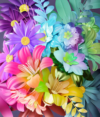 Fototapete - Bouquet of colourful mixed flowers. Background floral decoration 3D illustration.