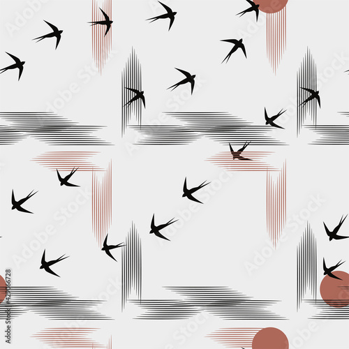 Tapety Japońskie  minimalistyczny-wzor-w-stylu-japonskim-stado-jaskolek-leci-w-jasne-slonce-las-gory-chmury-biale-tlo-i-czarne-ptaki-bezszwowe-ilustracja-wektorowa-ptaki-w-postaci-hieroglifow