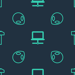 Poster - Set line Computer network, Alien and Hammer on seamless pattern. Vector