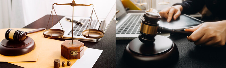 Business and lawyers discussing contract papers with brass scale on desk in office. Law, legal services, advice, justice and law concept picture with film grain effect