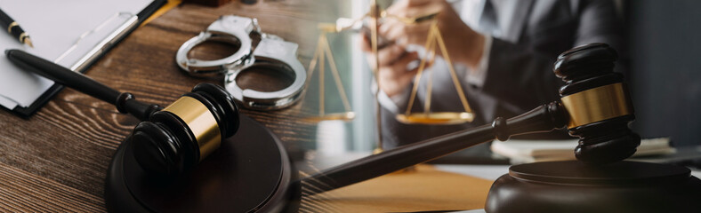 Business and lawyers discussing contract papers with brass scale on desk in office. Law, legal services, advice, justice and law concept picture with film grain effect