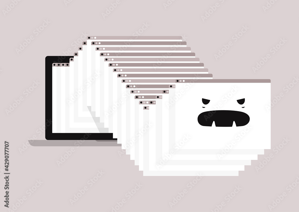 Online cyber bullying concept, a digital monster made of open browser windows cascade popping up from the laptop screen, anonymous mocking haters