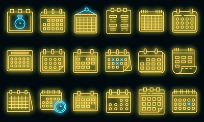 Poster - Calendar icons set. Outline set of calendar vector icons neon color on white