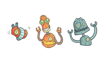 Poster - Metal Robot with Different Emotions as Cartoon Mechanical Android in Outline Style Vector Set