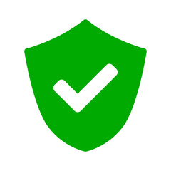 Poster - simple green and white shield defence icon with checkmark sign. vector image.