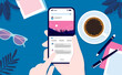 Smartphone with social media - Hands using mobile phone reading and looking at pictures over table with coffee and sunglasses. First person view. Vector illustration.
