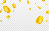 Fototapeta  - Vector gold coins fall from the sky. PNG money, png coins. Explosion of coins on isolated transparent background. Easy Money.