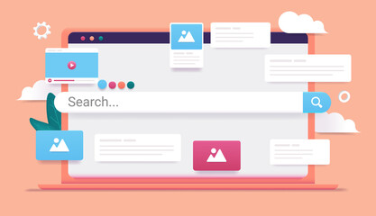 Poster - Laptop computer with search engine and web elements on screen. Online search, and seeking information on internet concept. Vector illustration.