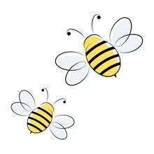 Cute Flying Bees. Bee Art Character In Doodle Style. Vector Isolated On White.