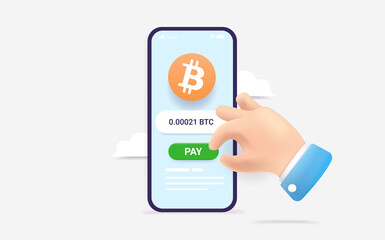 Poster - Pay with Bitcoin on smartphone - Hand paying with crypto currency app on mobile phone, pushing pay button. 3d Vector illustration.