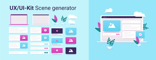 Fototapete - UX and UI scene generator - Vector toolkit to create illustrations and scenes with laptop and user interface elements in 3d style.