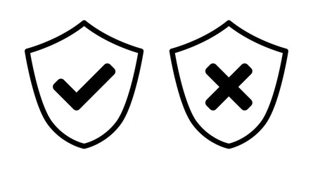 Poster - shield black and white safe and unsafe security icon set with checkmark and x cross signs. vector im