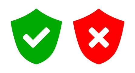 Poster - shield green and red safe and unsafe security icon set with checkmark and x cross signs. vector imag