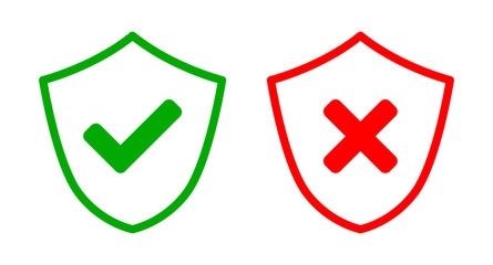 Poster - shield green and red safe and unsafe security icon set with checkmark and x cross signs. vector imag